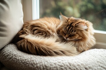 A Fluffy Brown Tabby Cat Sleeping on a Plush Pillow