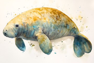 Sticker - A watercolor illustration of a manatee, showcasing its gentle features and aquatic environment.