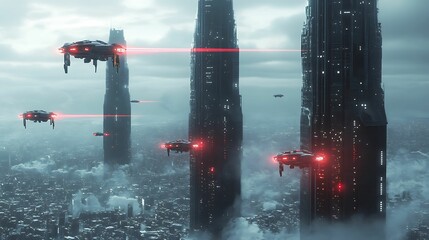 Futuristic Cityscape with Flying Vehicles and Towers