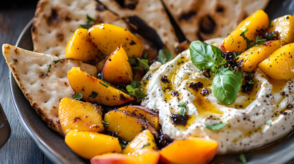 A plate of whipped ricotta with fresh roasted peaches and pitta slices served with a balsamic drizzle and herbs.