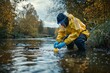 © Buzz Media - Environmental Scientist Testing Water Samples River Protective Gear Collecting Levels Toxic Waste Acidity Harmful Chemicals