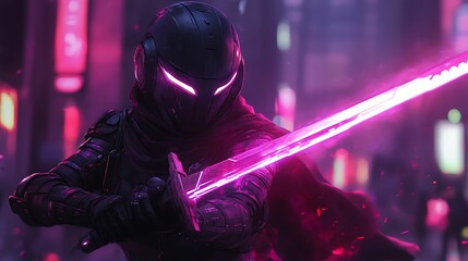 Futuristic Warrior Holding Glowing Sword in Cyberpunk City