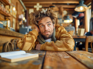 Wall Mural - A man with curly hair is sitting at a table with a book in front of him. He looks tired and is leaning his head on his hand