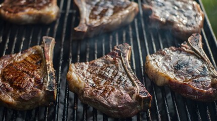 Wall Mural - Juicy steaks grilling on a hot BBQ grill.