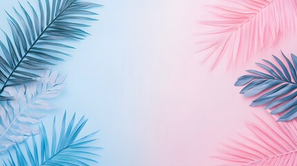 Wall Mural - Photo of a pastel pink and blue background with palm leaves for an abstract summer concept. Web banner with copy space on the right