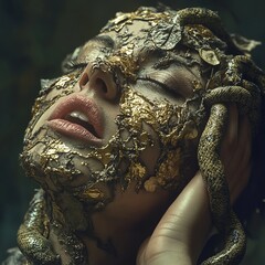 A woman with gold leaf and snake on her face.