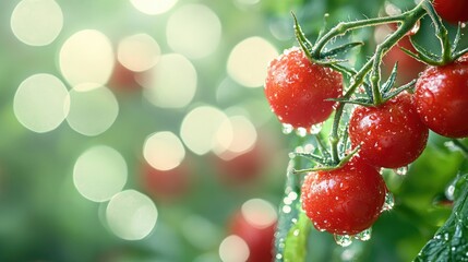 Canvas Print - Dew-Covered Red Tomatoes on a Vine with a Green Background