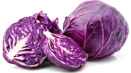 Whole and Sliced Red Cabbage on White Background