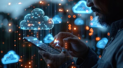 Businessman Connecting to Cloud Computing Network with Smartphone in Digital Landscape