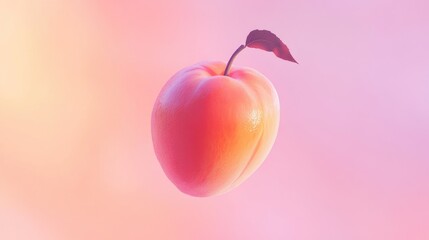 Poster - A Single Peach with a Delicate Leaf Against a Soft Pink Background