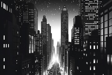 Poster - A monochromatic cityscape with tall buildings and a misty atmosphere, evoking a sense of mystery and solitude.