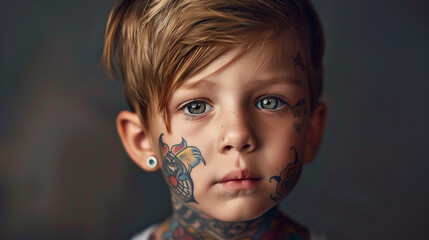 Young caucasian blonde boy with striking green eyes. Face adorned with colorful tattoos. Pierced ear and contemplative expression. Close-up portrait of a child against blurred background