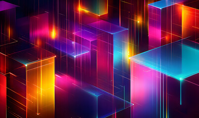 Wall Mural - neon geometric structures in cyberspace: colorful abstract illustration with lights against dark bac