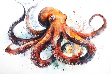 Sticker - A vibrant watercolor illustration of an octopus showcasing its intricate tentacles and textures.