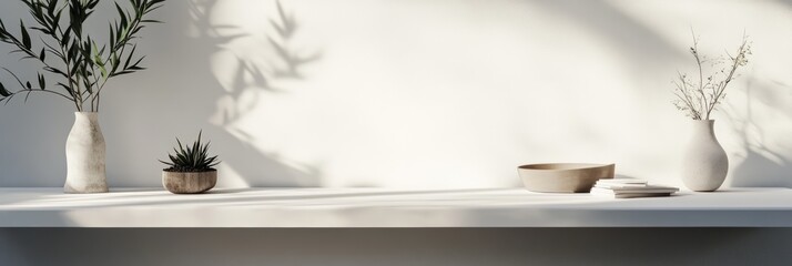 Modern interior shelf with potted plants and minimalist decor against a light wall. Fresh and natural home styling.