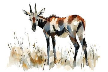 Sticker - A watercolor illustration of an antelope in a grassy landscape, showcasing its unique colors and features.