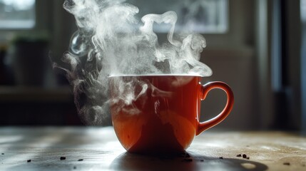 Canvas Print - Steaming Orange Mug on a Wooden Table