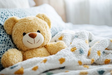 teddy bear snuggled in soft blanket on a cozy bed, warm and happy plush toy in a child’s bedroom wit