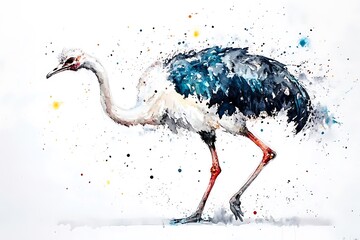 Poster - A watercolor illustration of an ostrich with vibrant splashes of color.