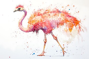 Sticker - A vibrant watercolor illustration of an ostrich with splashes of color, showcasing artistic creativity.