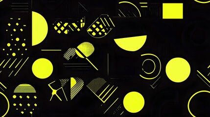 seamless pattern with abstract geometric shapes in black and neon yellow.