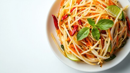 Close-up of spicy papaya salad, highlighting shredded papaya, chili, and lime, against a plain white background, no people.