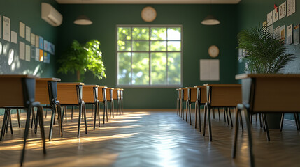 A brightly lit classroom with desks neatly arranged, ready for the first lesson of the school year.