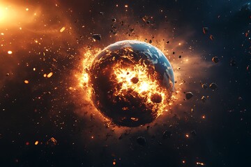 Poster - A dramatic depiction of a planet exploding in space, surrounded by fiery debris and cosmic elements.