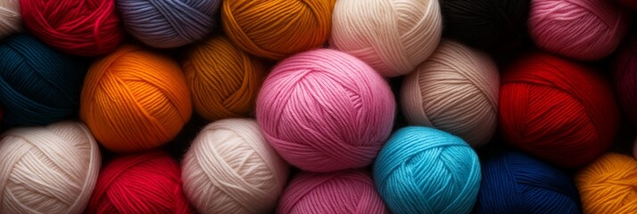 A vibrant collection of yarn balls in various colors stacked together, providing a rich texture and visual delight.