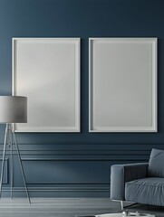 Two white poster Frames Mockup standing near blue wall with gray lamps, horizontal and vertical, 3d rendering