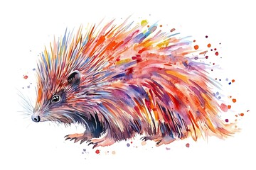 Sticker - A colorful watercolor illustration of a hedgehog with vibrant spikes and splashes of paint.