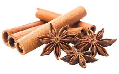 Cinnamon sticks and star anise are arranged attractively, ideal for culinary designs, recipes, or spice illustrations. Transparent background PNG