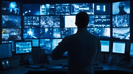 Wall Mural - A man in a dark room stands before a wall of monitors.