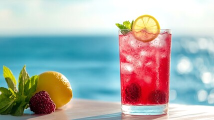 Fresh raspberry lemonade with a slice of lemon on a terrace table. The ocean is in the background