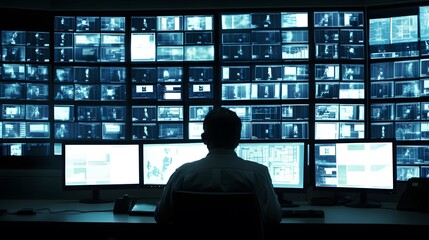 A man sits in front of a wall of monitors, each showing a different image.