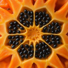 Poster - Close-up of a papaya fruit's center, showcasing the black seeds in a starburst pattern.