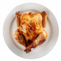 Wall Mural - Roasted Christmas chicken or turkey on a dish with herbs, isolated on a white background