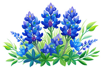 Wall Mural - A delicate watercolor illustration showcasing vibrant blue bonnets in their full bloom, portraying nature's beauty and meticulous artistry over a white background
