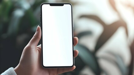 woman holding a blank screen mobile phone with a white color and space for text, a mockup template o