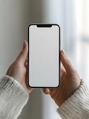 woman holding a blank screen mobile phone with a white color and space for text, a mockup template o