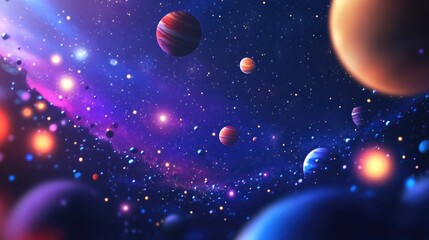 3D cartoon depiction of a 2D illustration featuring deep vast space with stars planets and moons Various imaginative science fiction backdrops and space art showcasing alien solar systems and a rea