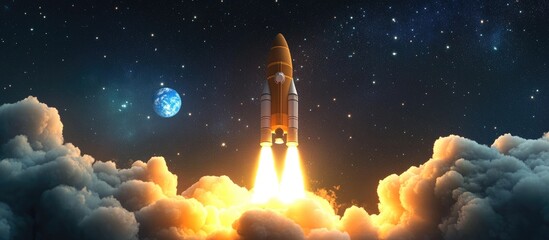 Poster - Space rocket with a blast and puffs of smoke successfully lifts off into the starry sky in this 3D cartoon rendering marking the beginning of a space mission Rocket launch