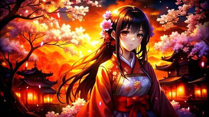 A cute beautiful girl with long anime-style hair in a school uniform. sakura trees with flowers in the background