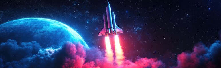 Poster - Space shuttle take off from Earth planet in a 3D cartoon rendering Expedition in deep space Spaceship