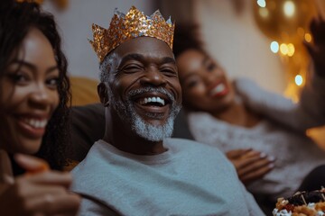 Taking dessert and smiling at the camera, a senior man is wearing a Christmas paper crown.