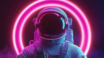 Fototapete - Colorful visor and white spacesuit astronaut in a 3D cartoon rendering featuring pink and blue moody 80s lighting with a neon circle in the front 3D rendering