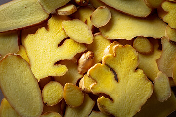 Close-up of fresh ginger slices.