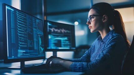A young woman in a blue plaid shirt works at her computer, focusing intently on the screen.