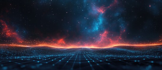 Aufkleber - Abstract landscape in a dark background featuring a star horizon cyberspace grid and a high tech network presented through a 3D cartoon rendering Starry texture of outer space included 3D illustra