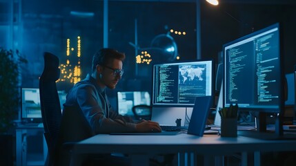 Poster - A young man sits at his computer late at night, focused on his work.